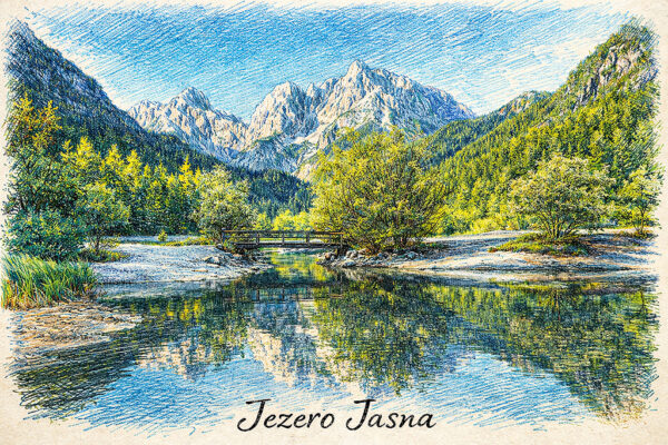 Digitalna ilustracija slovenskih pokrajin in zanimivosti - Jezero Jasna