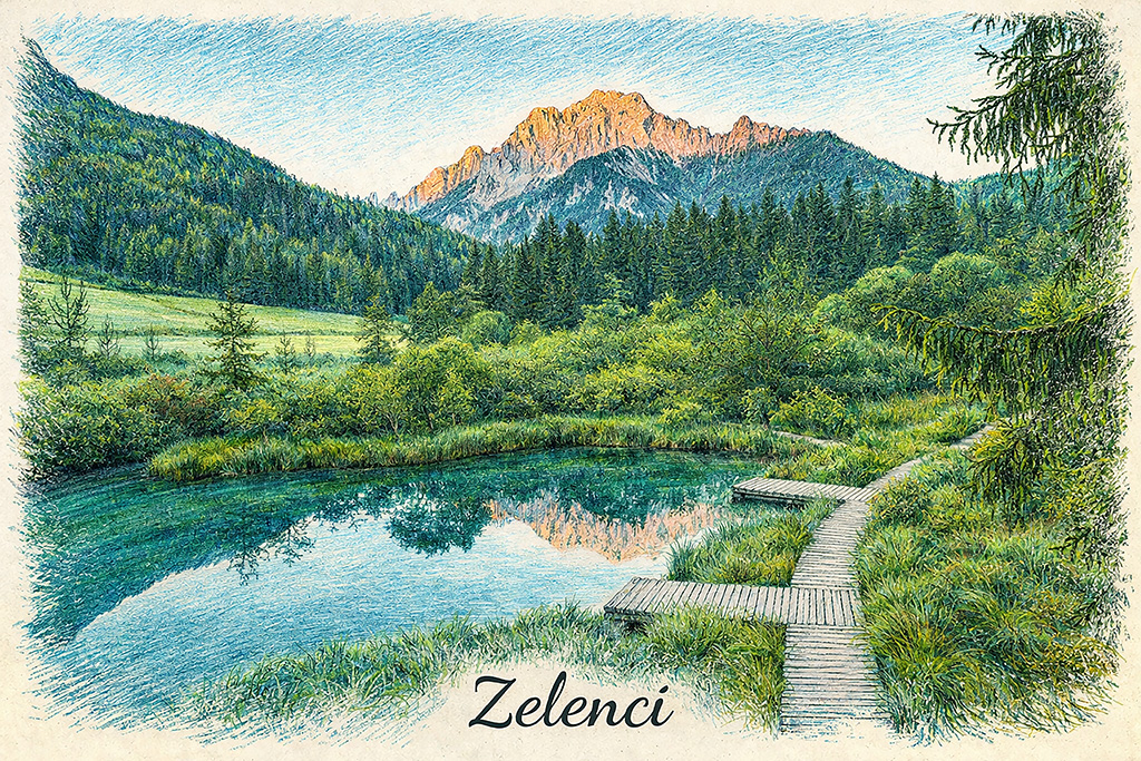 Digitalna ilustracija slovenskih pokrajin in zanimivosti - Zelenci