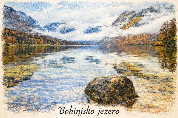 Digitalna ilustracija slovenskih pokrajin in zanimivosti - Bohinjsko jezero