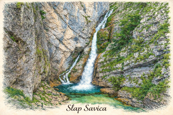 Digitalna ilustracija slovenskih pokrajin in zanimivosti - Slap Savica